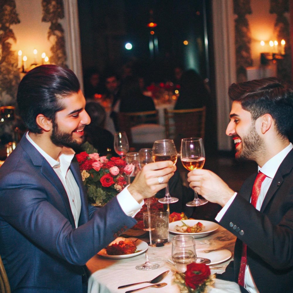Two adult men raising glasses during dinner