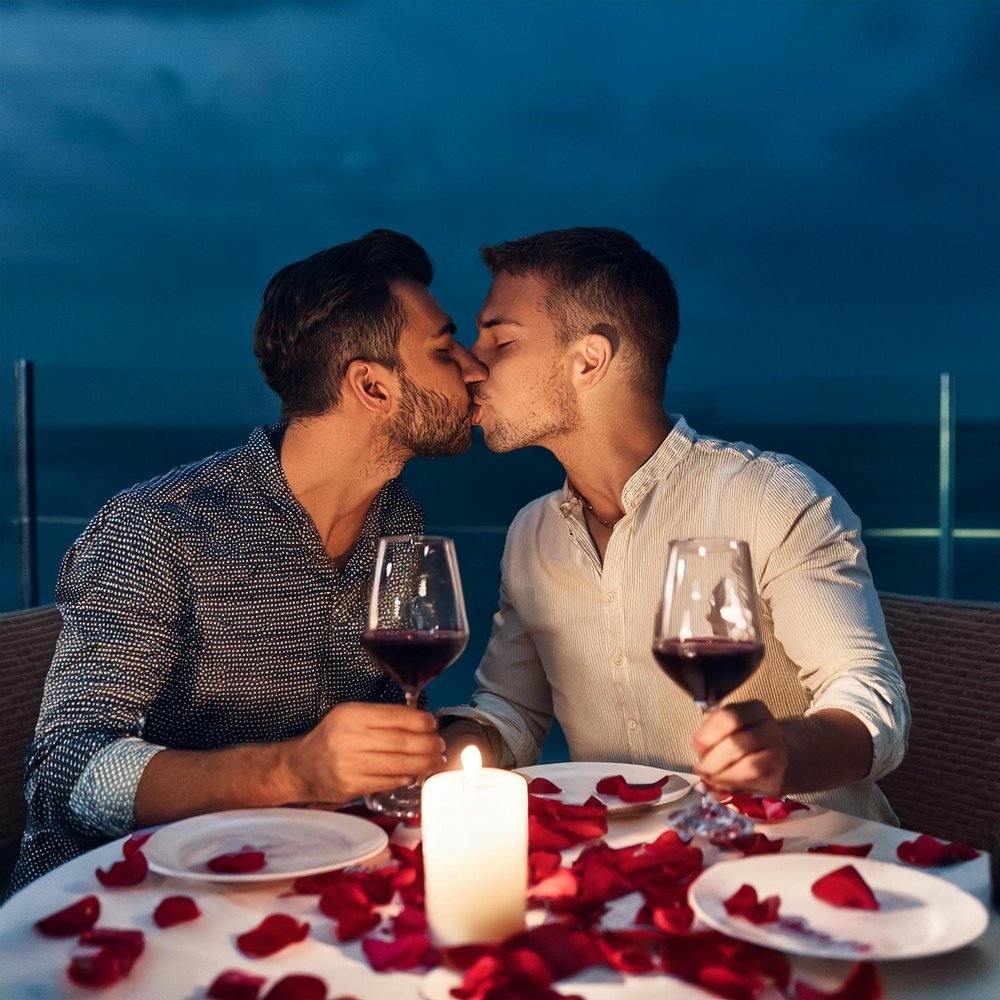 Two adult men kissing over a candlelit romantic dinner